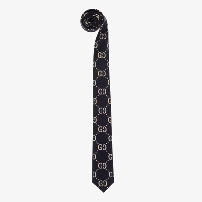 Shop Gucci Navy Blue Wool & Silk Logo Tie