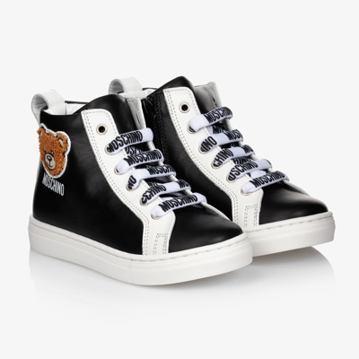 Shop Moschino Kid-teen Leather High-top Logo Trainers In Black