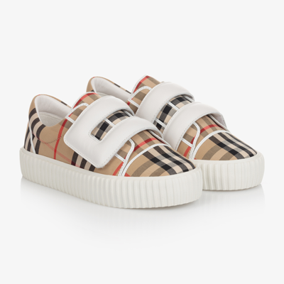 Shop Burberry Teen Vintage Check Trainers In Beige