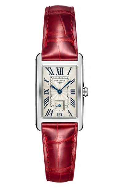 Shop Longines Dolcevita Ii Leather Strap Watch, 23mm X 37mm In Red/ Silver