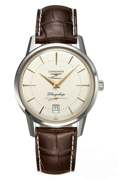 Shop Longines Heritage Flagship Automatic Leather Strap Watch, 38.5mm In Silver