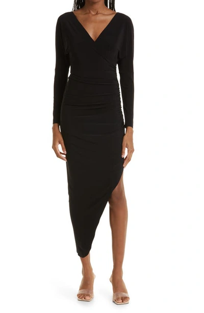Shop Norma Kamali Ruched Long Sleeve Side Drape Gown In Black