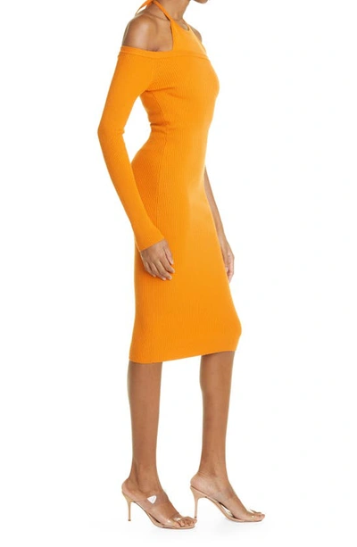 Shop Monse Ribbed One Sleeve Merino Wool Blend Sweater Dress In Bright Orange