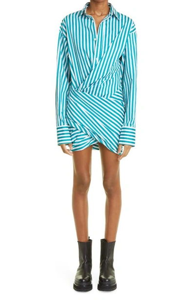 Shop Monse Stripe Wrap Front Cotton Shirtdress In Sea Green White