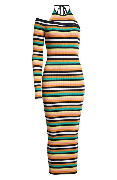 Shop Monse Rainbow Stripe Rib One Sleeve Merino Wool Blend Sweater Dress