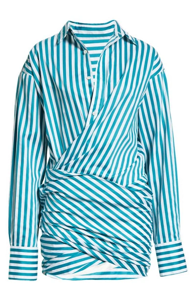 Shop Monse Stripe Wrap Front Cotton Shirtdress In Sea Green White