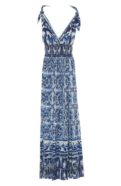 Shop Dolce & Gabbana Mediterraneo Poplin Maxi Dress In Blue/white