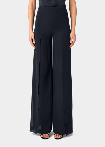 Shop Akris Layered Front-slits Silk Georgette Wide-leg Pants In Navy