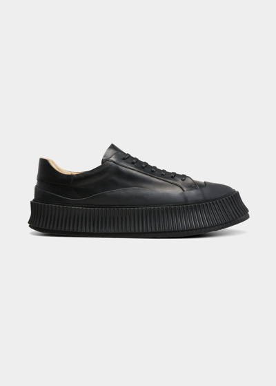 Shop Jil Sander Men's Platform Ribbed-sole Leather Low-top Sneakers In 001 - Black