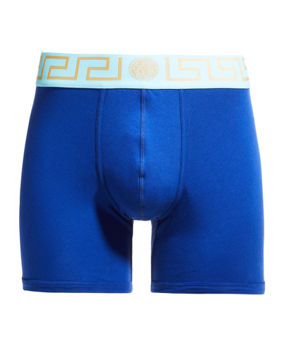 Shop Versace Greca Border Long Boxer Trunks In Bluettesplash