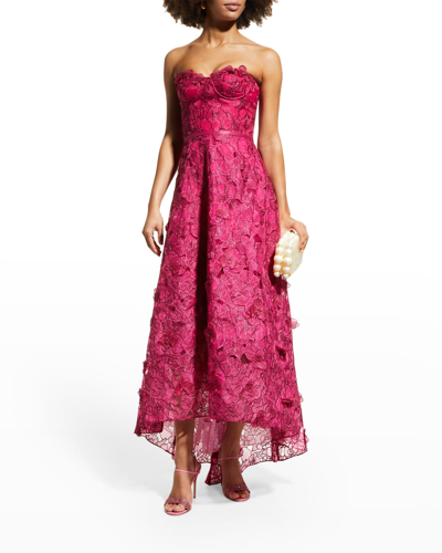 Shop Marchesa Notte Strapless Embroidered High-low Gown In Raspberry