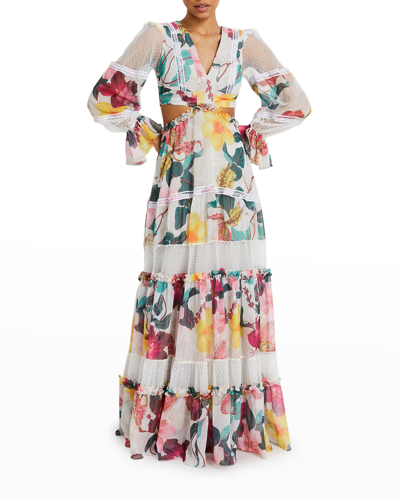 Shop Patbo Hibiscus Lace-trim Tiered Cutout Maxi Dress In Vanilla