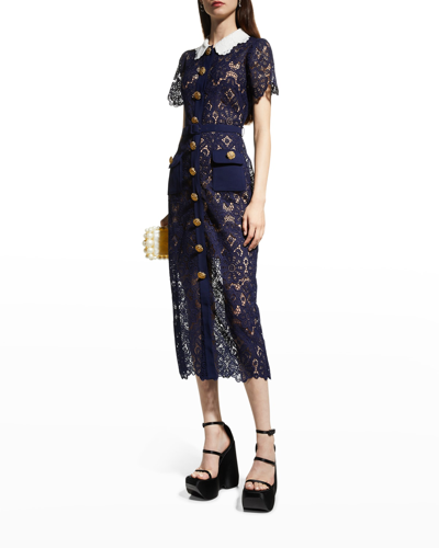 Shop Self-portrait Collared Floral Guipure Belted Midi Dress In Navy