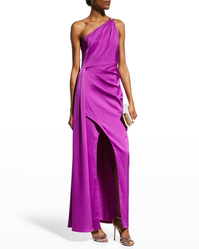 Shop Aidan Mattox One-shoulder Side-draped Gown In Wild Orchid