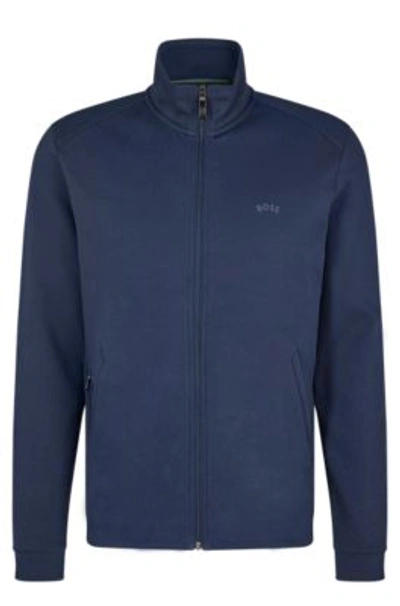 Shop Hugo Boss Zip-up Sweatshirt In Organic Cotton With Curved Logo In Dark Blue