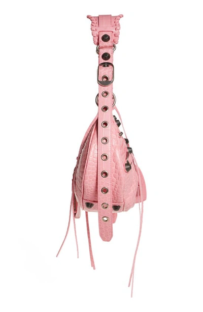 Shop Balenciaga Le Cagole Small Metallic Croc Embossed Leather Shoulder Bag In Sweet Pink