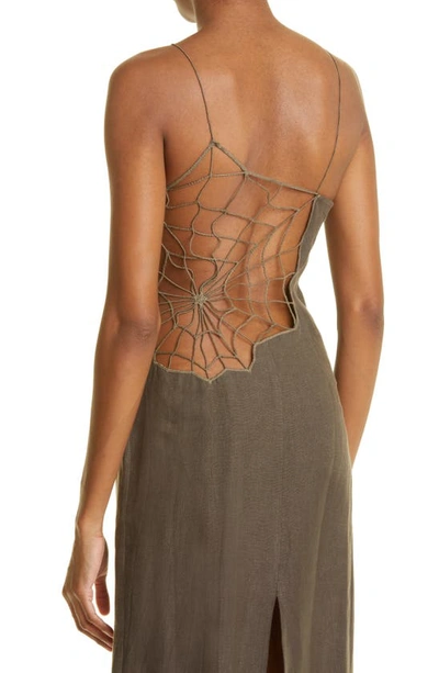 Shop Paloma Wool Maleek Spider Web Embroidered Linen Midi Dress In Smoke Green