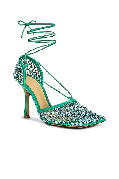 Bottega Veneta Green Sparkle Stretch Web Heels In Acid Turquoise