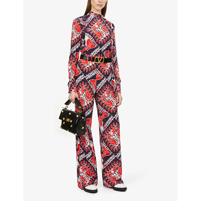 Shop Valentino Graphic-print Wide-leg Mid-rise Silk Trousers In Rosso Avorio Navy