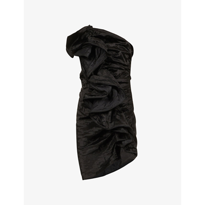 Shop Bottega Veneta One-shoulder Ruffled Cotton And Satin Blend Mini Dress In Black