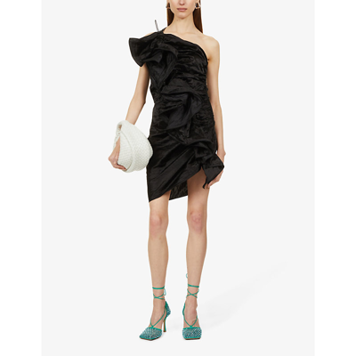Shop Bottega Veneta One-shoulder Ruffled Cotton And Satin Blend Mini Dress In Black