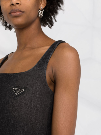 Shop Prada Triangle Logo A-line Denim Dress In Schwarz
