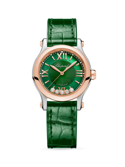 Shop Chopard Women's Happy Sport 18k Rose Gold, Stainless Steel, Diamond, & Alligator Leather Strap Watch In Green