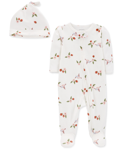 Shop Carter's Baby Girls 2-pc. Floral-print Cotton Coverall & Cap Set In White