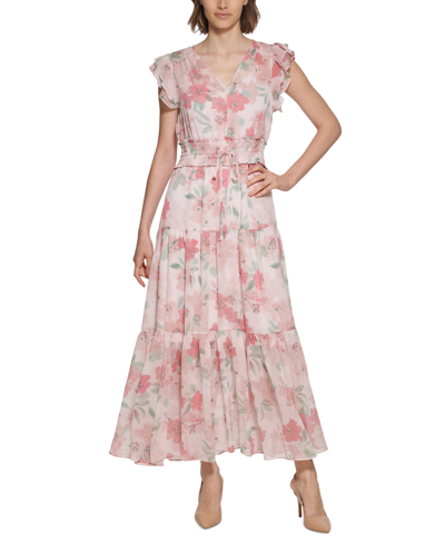 Shop Calvin Klein Floral-print Smocked-waist Tiered Maxi Dress In Blossom Print
