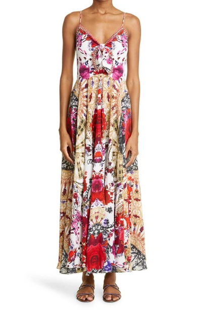 Shop Camilla Rose Print Tie Front Silk Midi Dress In Reign Of Roses