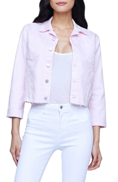 Shop L Agence Janelle Raw Cut Slim Denim Jacket In Soft Pink