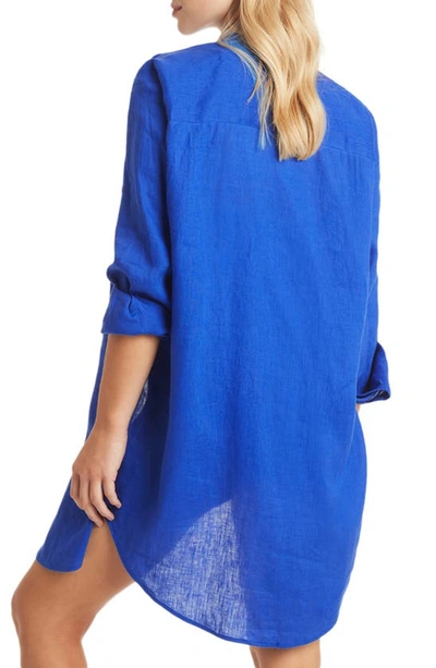 Shop Sea Level Linen Button-up Cover-up Shirtdress In Cobalt