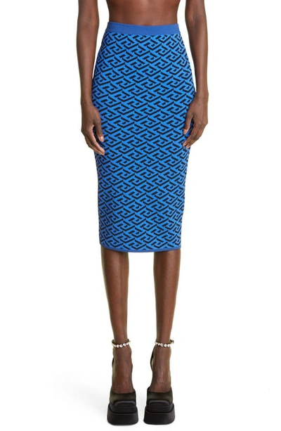 Shop Versace La Greca Jacquard Midi Skirt In Blue