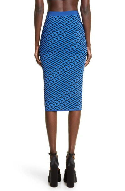 Shop Versace La Greca Jacquard Midi Skirt In Blue