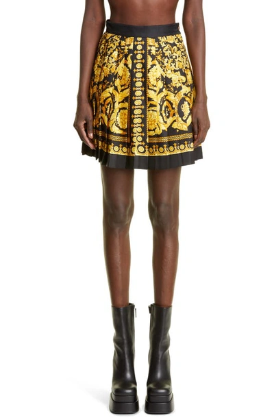 Shop Versace Barocco Print Pleated Silk Skirt In Black Gold