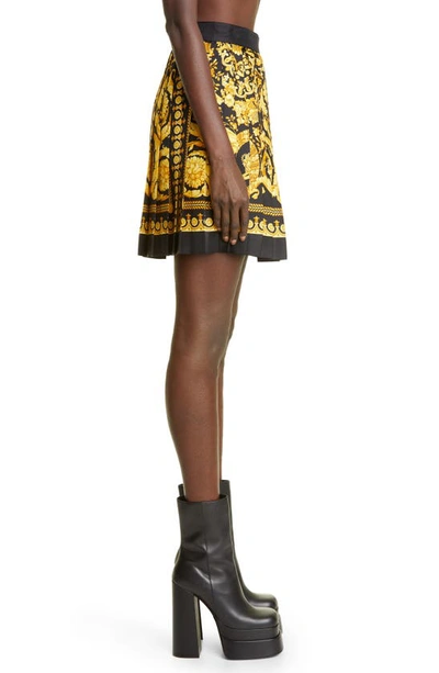 Shop Versace Barocco Print Pleated Silk Skirt In Black Gold