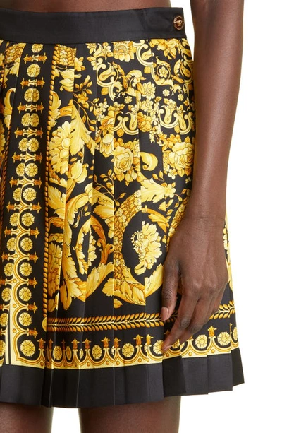 Shop Versace Barocco Print Pleated Silk Skirt In Black Gold