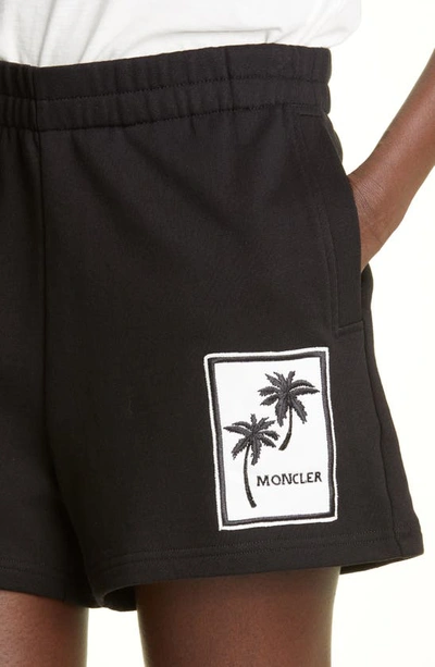 Shop Moncler Palm Tree Patch Cotton Sweat Shorts In Black