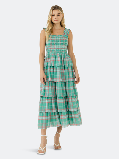 Shop English Factory Plaid Smocked Midi Tiered Dress In Green