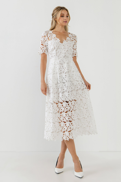 Shop Endless Rose All Over Lace Short Sleeves Midi Dress In White