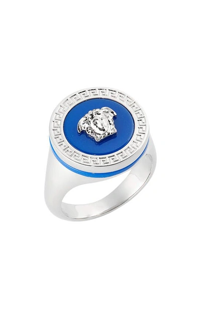 Shop Versace Round Medusa Ring In Palladium-royal Blue