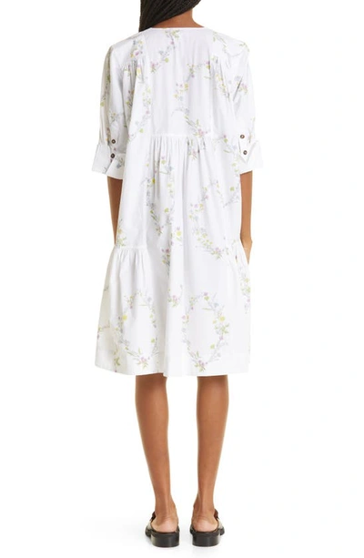 Shop Ganni Floral Organic Cotton Shift Dress In Floral Shape Bright White
