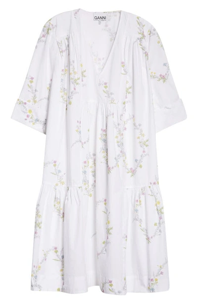 Shop Ganni Floral Organic Cotton Shift Dress In Floral Shape Bright White