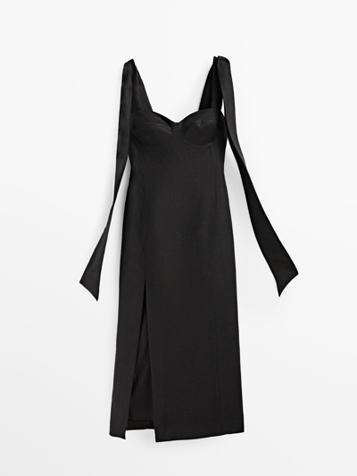 Massimo Dutti Black Linen Dress With Slit -studio | ModeSens