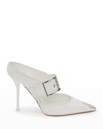 Shop Alexander Mcqueen Punk Buckle Stiletto Mules In 9359 New Ivory Si