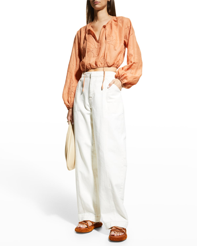 Shop Frame Cropped Eyelet Balloon Sleeve Blouse In Terracotta