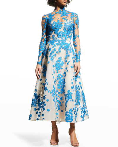 Shop Monique Lhuillier Floral-embroidered Tulle Open-back Jacket In Beigeelectric Blu