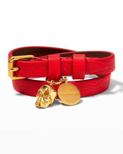 Shop Alexander Mcqueen Leather Double Wrap Charm Bracelet In Love Red