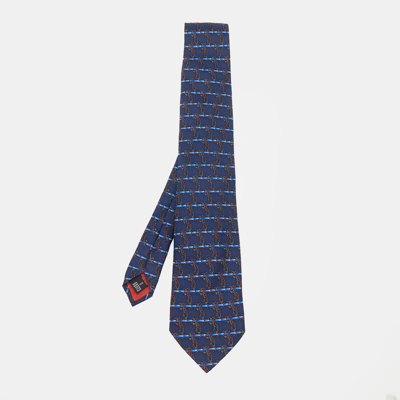 Pre-owned St Dupont Vintage Blue Printed Silk Jacquard Tie