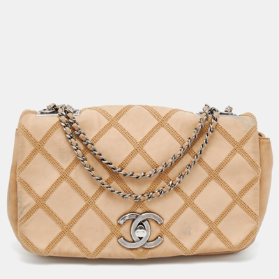 Chanel Beige Diamond Stitch Nubuck Leather Small Flap Bag - Yoogi's Closet